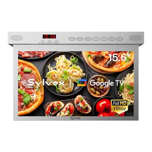 SYLVOX 15.6 Inch Kitchen TV, Foldable TV for Kitchen with Rotation, Google TV Support WiFi Bluetooth, 1080P Smart TV for Kitchen, Bedroom, Motorhome, RV Yacht (Silver)