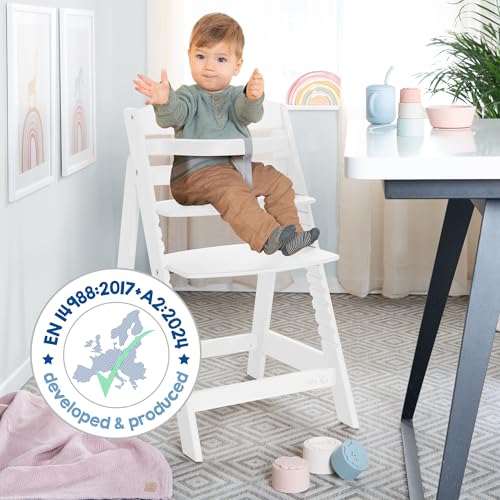 roba Sit Up III Baby High Chair with Removable Footrest and Safety Straps – Adjustable Height – White Wood