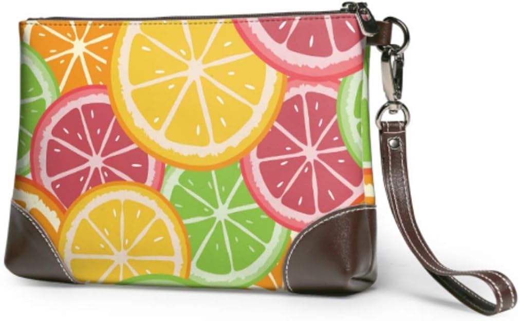 Wristlet Handbag Citrus Fruits Orange Lemon Grapefruit Lime Leather Wristlet Clutch Wallet For