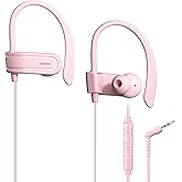Joysico Wired Over Ear Earbuds with Microphone Volume Control Ear Hook and Case, Sweatproof Sport Earphones for Running Exercise Gym Workout, Wrap Around Headphones for Cellphones, Laptop, Tablet Pink