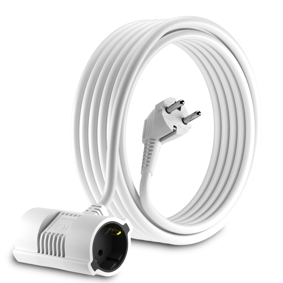 MutecPower 7.5 Metre Extension Cable with 2-Way Schuko Double Sockets - Angled EU Schuko Double Extension IP20 Earthing Contact Plug and Couplings - up to 250 V 50 Hz 16 A - 7.5 m White