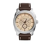 Fossil Men's Machine Watch In Silvertone With Brown Leather Strap And Amber Tinted Dial