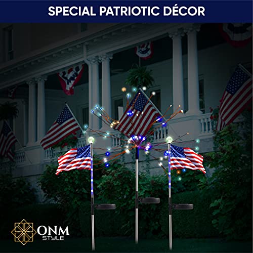 ONM Outdoor Solar Light-3 Pack Solar Garden Lights with 2 Solar Powered American Flag Lights and 1 Solar Firework Light Waterproof-Multi Color-Bigger Solar Panel for Pathway Party Patriotic Decoration