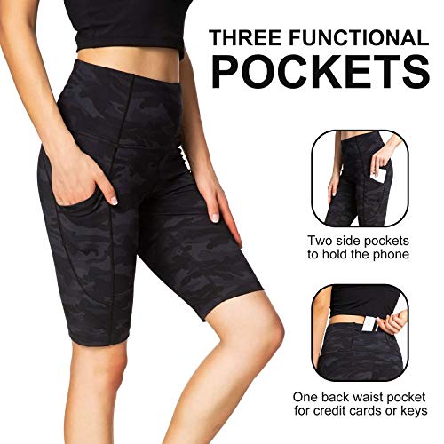 Running Shorts for Women High Waist Pants Yoga Leggings Biker Workout Shorts with 3 Pockets Regular Plus Size (Camo Black Ash M)