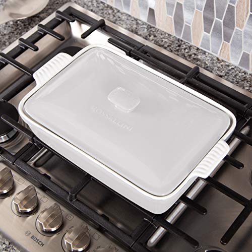Rossallini Stoneware Casserole Dish Bakeware Set with Lid, Covered Rectangular Dinnerware, Large 4 Quart, 13 by 9 Inch (Glossy White)