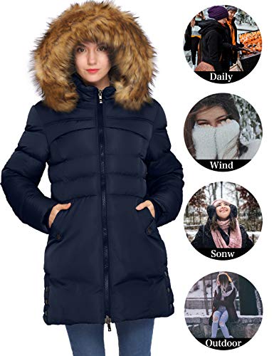 CHERFLY Women's Cotton Winter Coat Thicken Warm Long Jacket with Fur Trimmed Hood (Navy,X-Large)
