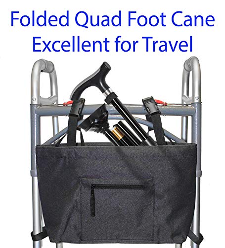 RMS Folding Cane with Quad Base - Foldable and Collapsible Quad Cane - Lightweight Aluminum Offset Cane - Adjustable Walking Stick with Wrist Strap and Ergonomic Derby Handle (Black)