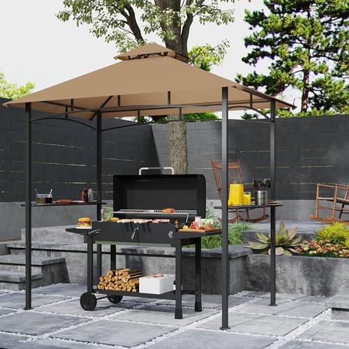 Outsunny 8' x 5' BBQ Grill Gazebo Tent with Double Tiered Canopy for Outdoor Sun Shade, Khaki