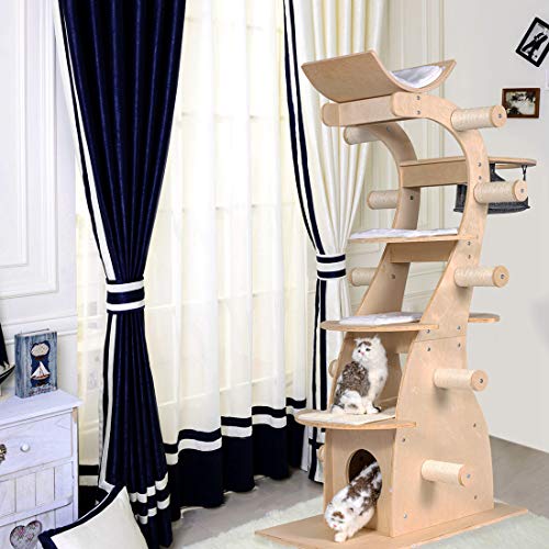 Good Life 63" Modern Design Cat Tree House with Scratching Post Tower - Deluxe Solid Wood Indoor Furniture - 6 Floors Kitty Condo Climbing Play Center with Hammock Perch Cave and Ten Sisal Columns