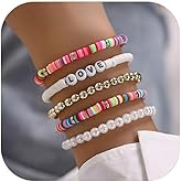 Dtexhif 5Pcs Colorful Soft Pottery Bracelets for Women Polymer Clay Bracelet Love Beaded Stackable Bracelets Set Jewelry