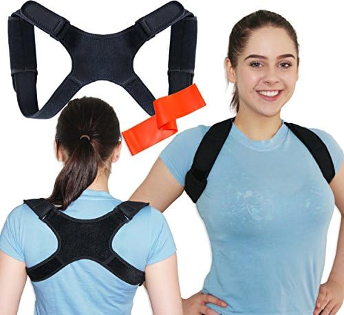 Trenzwell Posture Corrector Shoulder and Upper Back Support Brace - Comfortable Adjustable Neoprene for Women and Men with Bonus Resistance Band