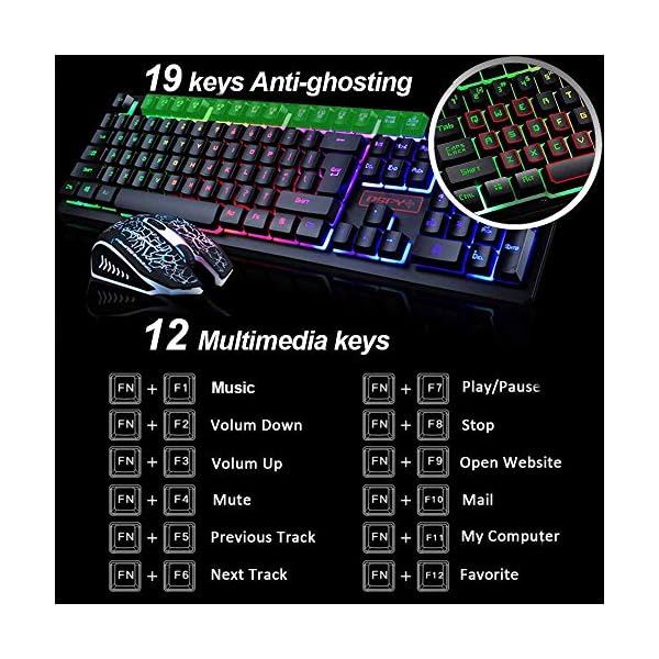 LexonElec-Gaming-Keyboard-Mouse-Combo-K13-Wired-Rainbow-Led-Backlit-104-Keys-Ergonomic-Gamer-Keyboard-2400DPI-Adjust-4-Buttons-Usb-Optical-Game-Mouse-Sets-Mousepad-Compatible-with-PC-Laptop Wired Gaming Keyboard and Mouse Set Rainbow Backlit 104 Keys Full Anti-ghosting light up Keyboard 2400 DPI 4 Button Usb…