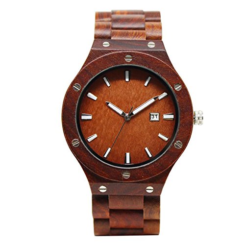 TJW Mens Natural Wooden Watches Japanese Analog Quartz Movement Watch Date display Handmade Vintage Casual Wrist Watch 8022S-9M (red sandalwood)