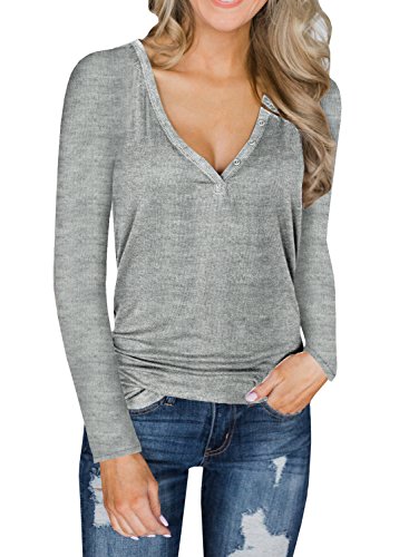 Dellytop Womens V Neck Henley Shirts Long Sleeve Button Up Plain Tunic Tops Tees Grey