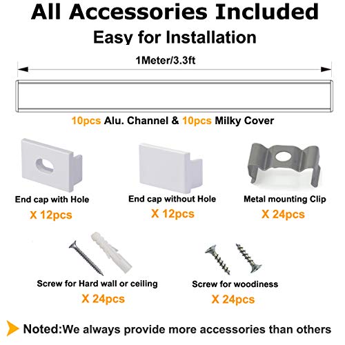 hunhun 10-Pack 3.3ft/1Meter Plus-Size U Shape LED Aluminum Channel System with Milky Cover, End Caps and Mounting Clips, Aluminum Profile for LED Strip Light, Special for Philips Hue Strip