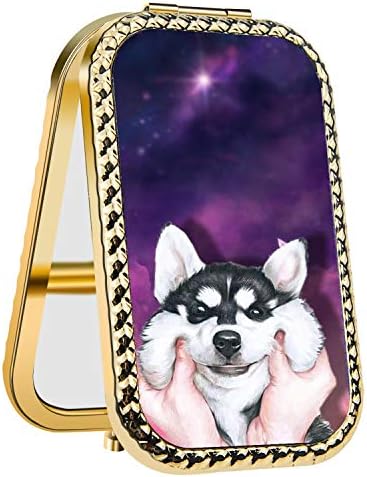 Specialized Design Rectangle Golden Cute Husky Portable makeup mirror, Travel Compact Portable Pocket Folding Makeup Vanity Cosmetic Mirror for Women