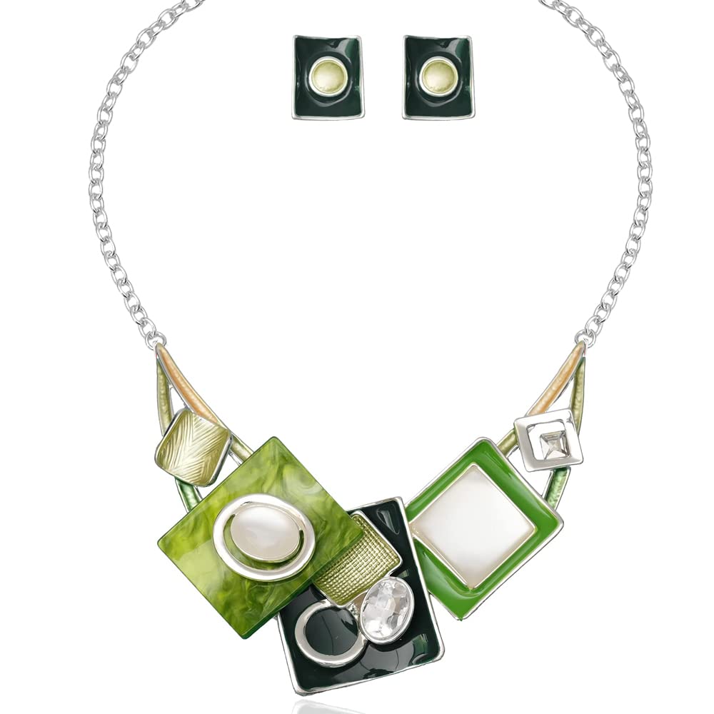 CSY Fashion Boho Oval Crystal Opals Statement Bib Necklace Earrings Bohemian Enamel Costume Jewelry Set Gifts for Women