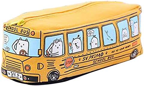Kawaii Creative Pencil School Bus Case, Large Capacity Animal Cartoon Canvas Pencil Bag School Box (Yellow)
