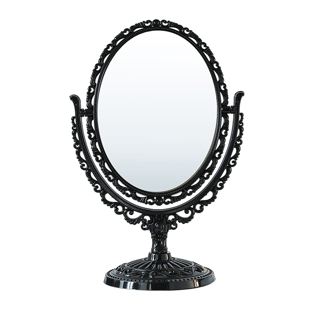 Schones Geschaft 2-Sided Tabletop Makeup Mirror, Swivel Vintage Dresser Mirror Cosmetic Mirror, Double Sided Oval Desktop Stand Mirror (Black)
