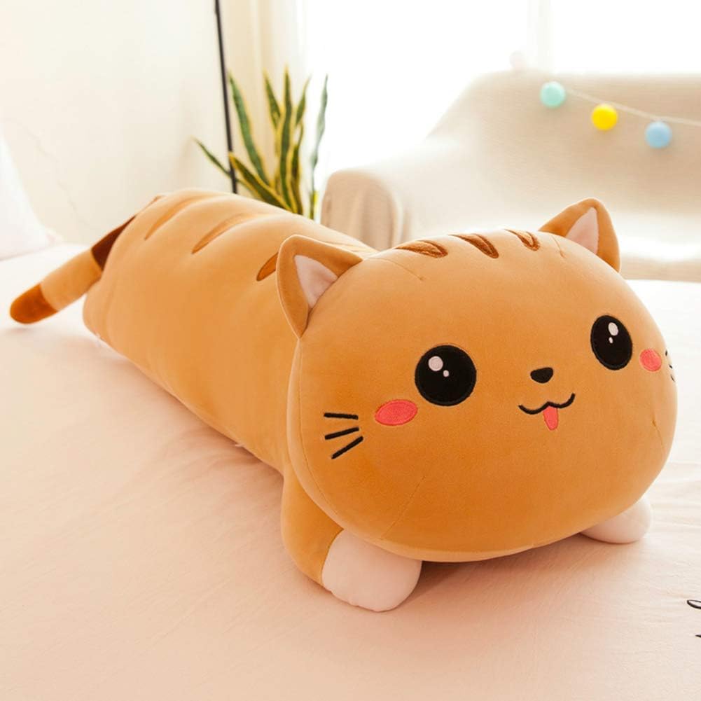 seemehappy Cute Cartoon Cat Soft Plush Long Throw Pillow Lifelike Animal Pillows Plush Toy Birthday Gift (27.5 inch,Brown)
