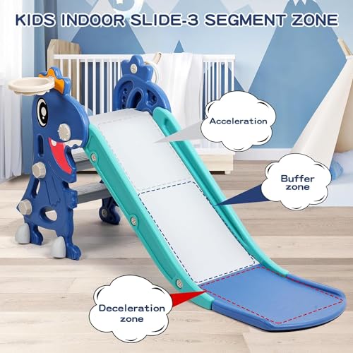 Cenxi Indoor Slide For Toddlers 1-3, Foldable Kids Toddler Playset, And Outdoor Playground, Climber Playset With Basketball Hoop Ring Toss (Blue)