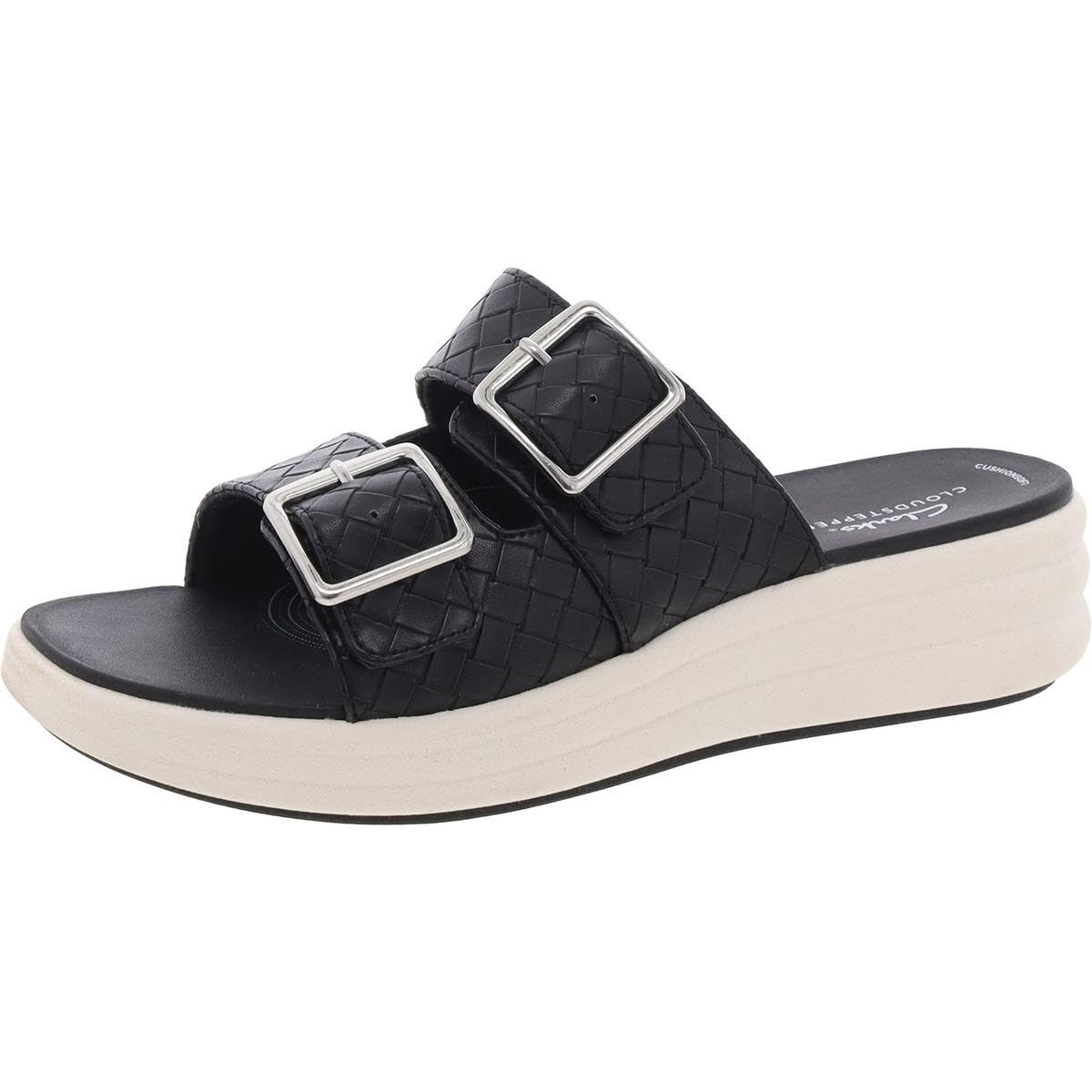Clarks Women’s Drift Buckle Slide Sandal, Black Woven, 7 Wide