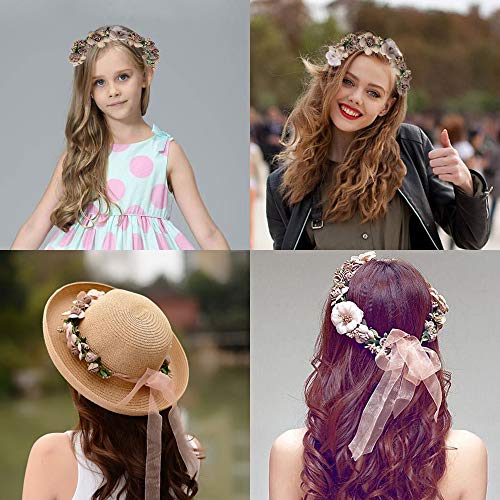 Flower Crown Headband Wreath Garland Hair Bands Floral Wedding Bridal Hair Hoop Women Leaf Ribbon Party Decoration Headdress Headwear Christmas Handmade Headpiece Hair Accessories 2 Pack Purple
