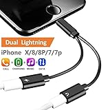 2-in-1 Lightning Splitter Adapter for iPhone X/8/8 Plus/7/7 Plus. Double lightning ports for dual Lightning Headphone Audio & Charge Adapter. Compatible IOS 10 or Later.(Black)