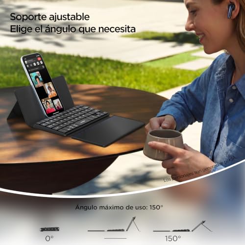 CACOE Mini Teclado Bluetooth con Panel Táctil para Teléfono Móvil, Ultrafino Plegable, Doble Canal, QWERTY Teclado con Soporte de Posición para Smartphone y Más iOS, Android, Windows, Negro con Panel