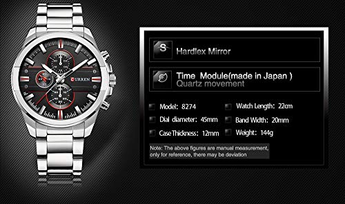 Curren 8274 - Reloj de Cuarzo para Hombre con Esfera analógica de Zona horaria y Correa de Acero Plateado, Esfera Negra - Imagen 5