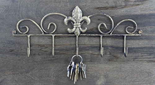 Decorative Fleur De Lis Wall Mounted Metal Hanger - 5 Hook - Keys, Hats, Towels, BBQ or Gardening Tools