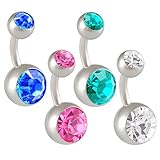 belly button rings 14g 14 gauge (1.6mm), 1/4 inches 6mm long - surgical steel Navel rings earrings ear ball bar bars Swarovski Crystal Jeweled lot AIUN - Pierced Body Piercing Jewelry- Set of 4
