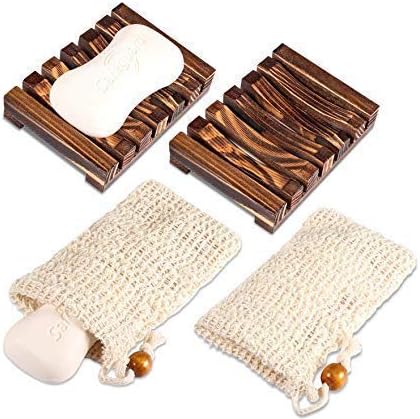 Yosemy 2pcs Soap Dishes+2pcs Soap Bag,Natural Soap Holder Wooden Case Soap Tray with Exfoliating Saver Pouch for Kitchen Bathroom Shower Counter