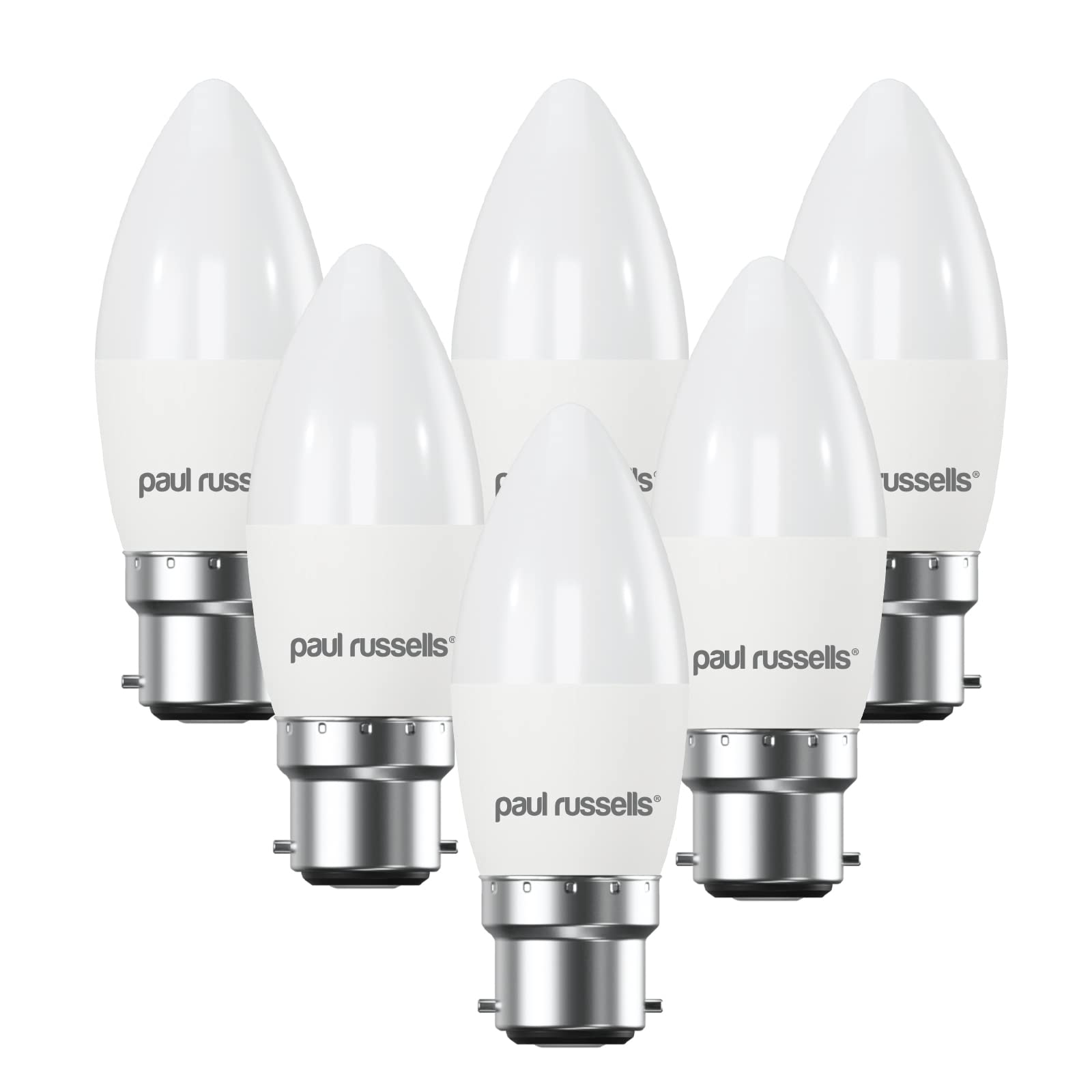 paul russells LED Candle – Dimmable Bayonet Fitting Light, 5.5W 470 LM B22 C37 LED Bulbs, 40w Equivalent, 2700K Warm White, Dimmer BC Energy Saving Ceiling Lightsbulbs, Pack of 6