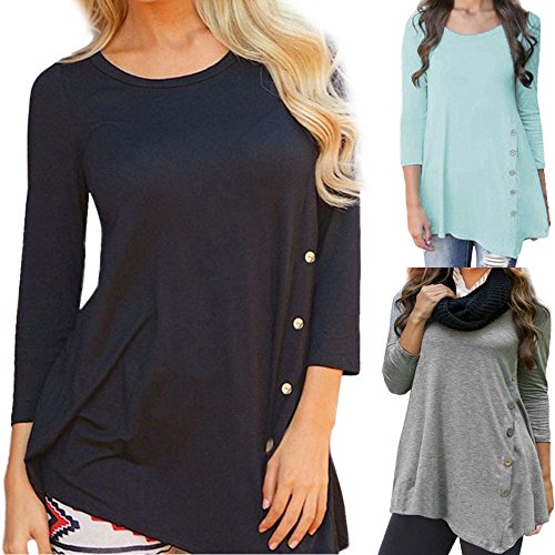 iLH Lightning Deals Tunic Top,ZYooh Women 3/4 Sleeve Loose Button Trim Blouse Solid Color Round Neck Blouse T-Shirt (Black, L) - Thumbnail 2