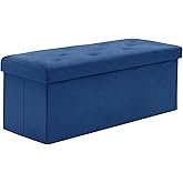 BRIAN & DANY 43 Inches Folding Storage Ottoman Bench, Velvet Ottoman with Storage for Living Room, Long Shoes Bench,Flannelette Footrest Benches Seat (Blue)