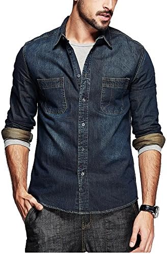 Kuegou Men's Jean Jacket Long-Sleeved Shirt Dark Blue Shirt (M, Blue)