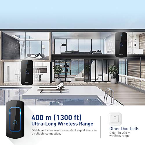 Wireless Doorbell, AVANTEK Waterpoof Door Bell Chime Operating at 1300 Feet with 52 Melodies, 5 Volume Levels & LED Flash