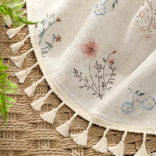 XOGUIBO Boho Floral 100% Blackout Curtains for Bedroom 84 Inch Length 2 Panels Set, Linen Texture Farmhouse Curtains Beige Tassel for Living Room Vintage Rustic Patterned Printed Western Rod Pocket
