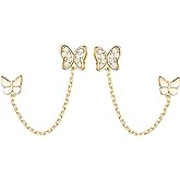 Reffeer Solid 925 Sterling Silver Double Holes CZ Butterfly Chain Stud Earrings Two Butterfly Cuff Climber Earrings for Women Teen