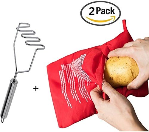 (2 Pack) Reusable Microwave Potato Cooker Bag, Potato Pouch Cooker with 1 pcs Stainless Steel Potato Masher for Free, Perfect Potatoes Just in 4 Minutes, Red