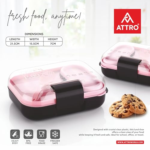 ATTRO Food Bite Kids Plastic Lunch Box – 3 Compartments, 1 Small Container & Spoon, with Stylish Lid BPA-Free, Freezer Safe, Ideal for School, Travel & Outdoor - Purple Pink-500ml 3