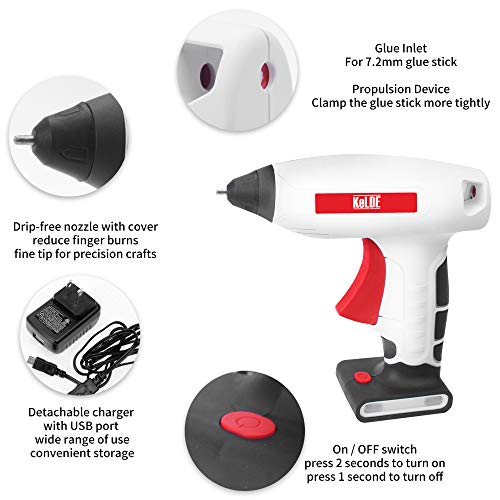 KeLDE Cordless Hot Glue Gun Kit, 30 Seconds Heating Time 3.7V Li-ion Battery Rechargeable Glue Gun, with USB Cable and Plug, Fine Tip Nozzle, Includes 20pcs 0.6x0.28" Hot Glue Sticks, UL Certified