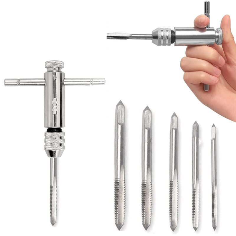 Kulannder T-Handle Ratchet Tap Holder Wrench Adjustable T Type One-Hand Ratchet Wrench Tapping Threading Tool Set with 3mm 4mm 5mm 6mm 8mm M3-M8 Machine Screw Thread HSS Metric Plug Tap