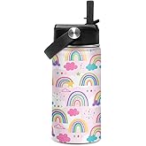 SANDJEST Kids Water Bottle Rainbow Water Bottles 12oz with Straw Insulated Stainless Steel Travel School Tumbler Double Wall Vacuum Cup for Girls Kid
