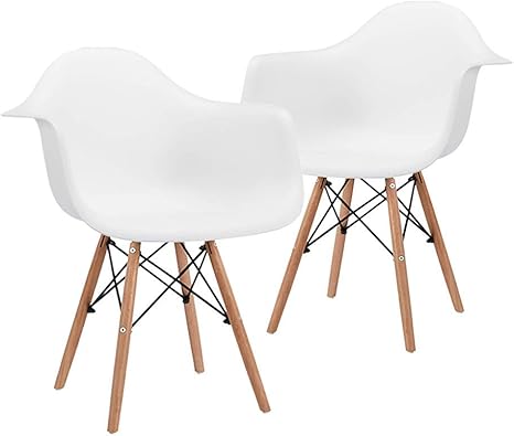 Amazon Com Canglong Natural Wood Legs Mid Century Modern Dsw Molded Shell Lounge Plastic Arm Chair For Living Bedroom Kitchen Dining Waiting Room Set Of 2 White Furniture Decor