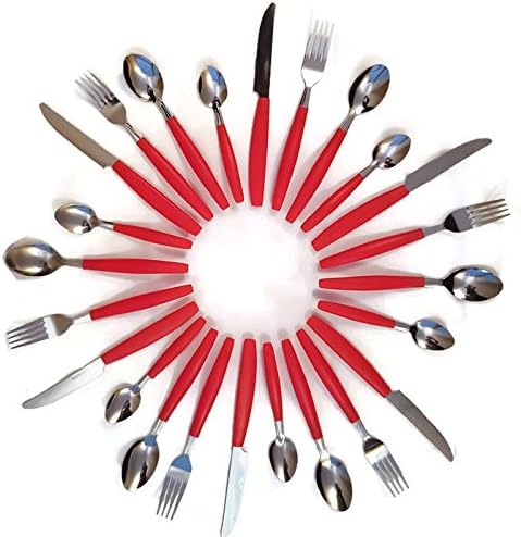 Colored Cutlery Set Stainless Steel - 24pces with Counter-Top Handled Storage Rack - Knives, Forks, Big &amp; Small Spoons with Dishwasher Safe Handles (Red)