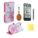 (TRAIT)4IN1 Pink Flower PU Leather Wallet Cases Protective Skin for iphone4 4S 4G Flip Folio Case Stand Holder+touch Screen Pen +Screen Protector +Cleaning Cloth