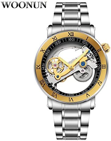 WOONUN Luxury Golden Bridge Roman Dial Men's Automatic Mechanical Wrist Watch Transparent Movement Stainless Steel + Gift Box