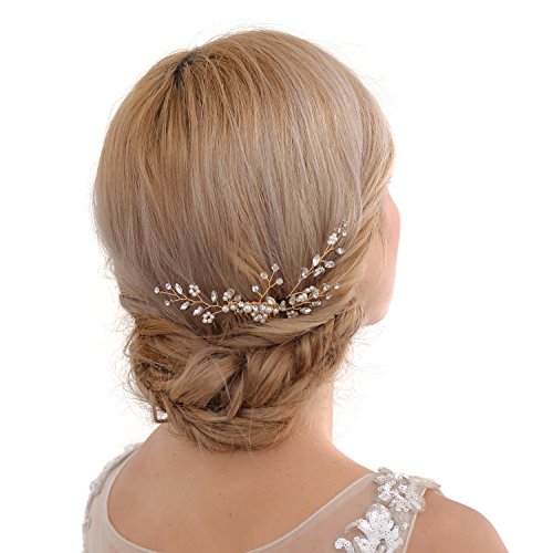 THK-Wedding Gold Bridal Headpiece Wedding Hair Comb Freshwater Pearl and Crystal Bridal Ribbon Headband Hair Vine